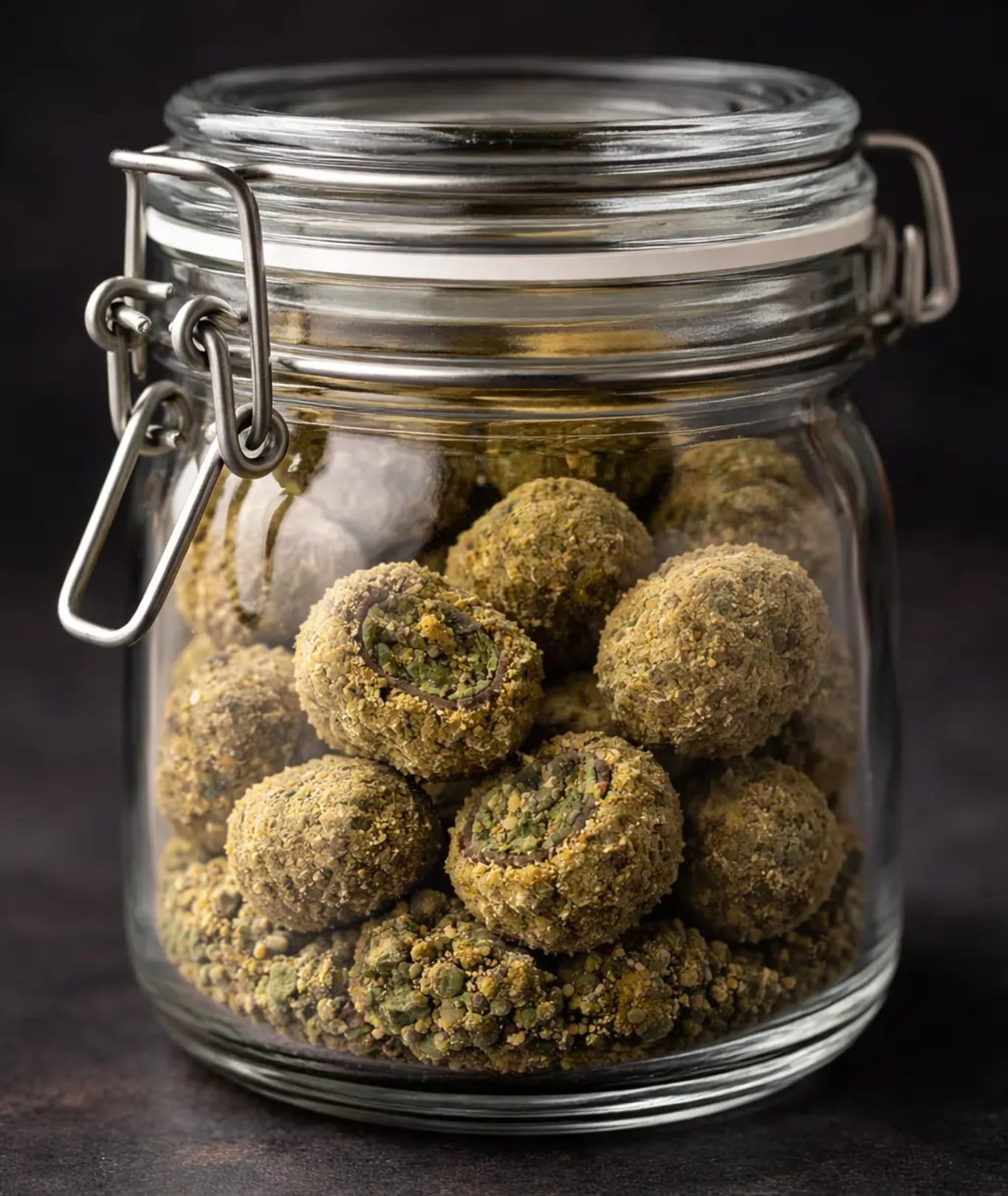 Close-up of cannabis moonrocks in a glass jar, coated in oil and kief for high THC potency and terpene-rich effects.